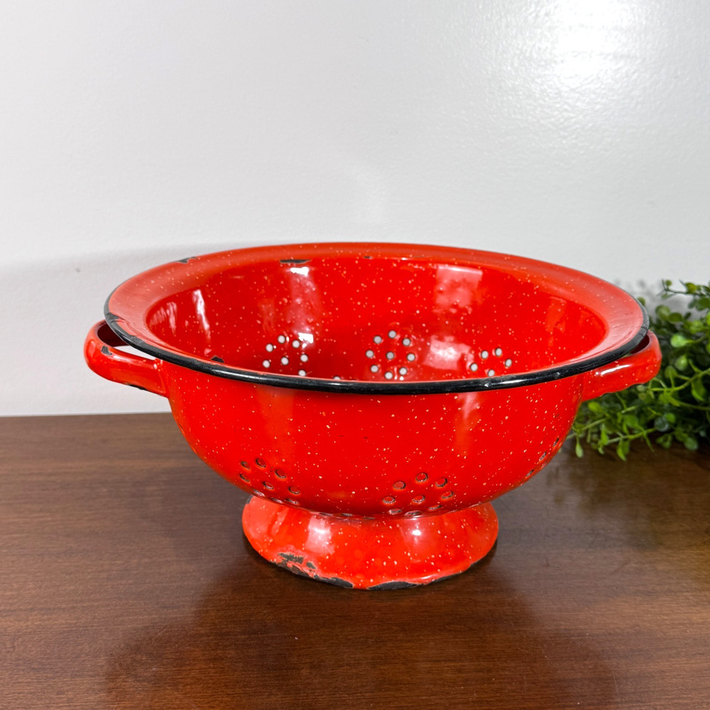 Vintage Red Enamel Enamelware Steel Colander Strainer Rusty Patina Primitive